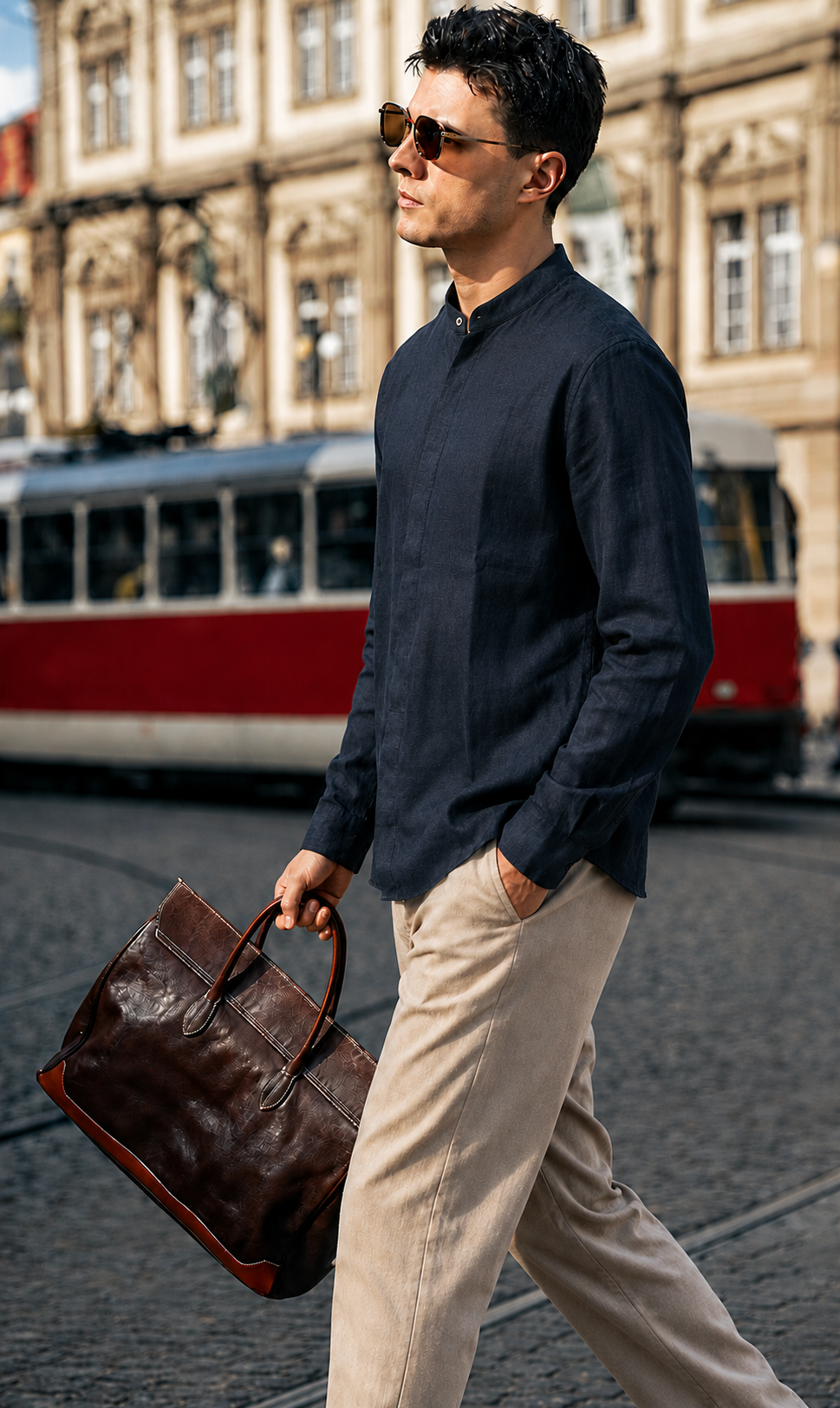100% Linen Band Collar Shirt