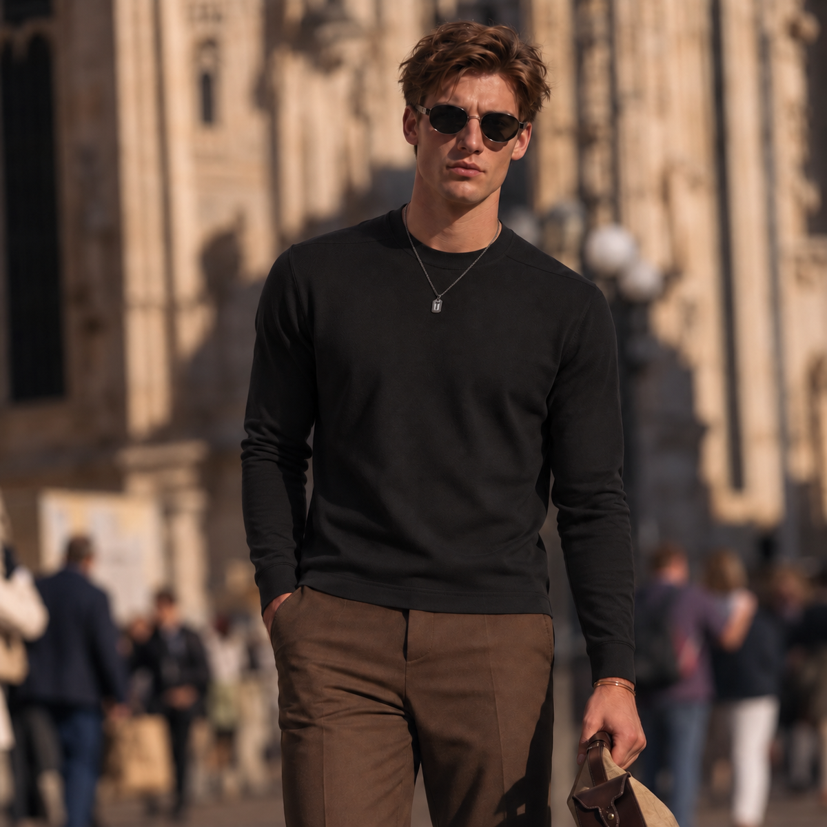 Luxe Cotton Modal Spandex Blend Men’s Long Sleeve Crew Neck Top, Silky Smooth Stretch Breathable Everyday Layering Essential