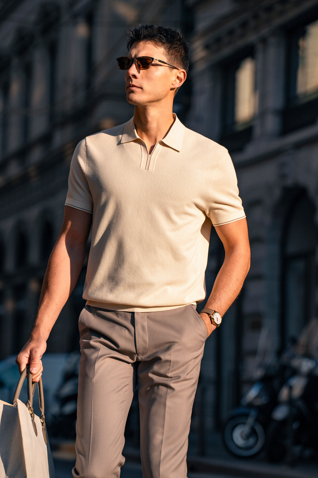 Textured Open-Collar Knit Polo