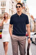 Textured Wool-Blend Zip Polo