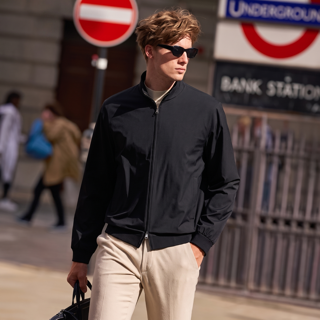 Stand Collar Rib Cuff Elastic Hem Zip Bomber Jacket