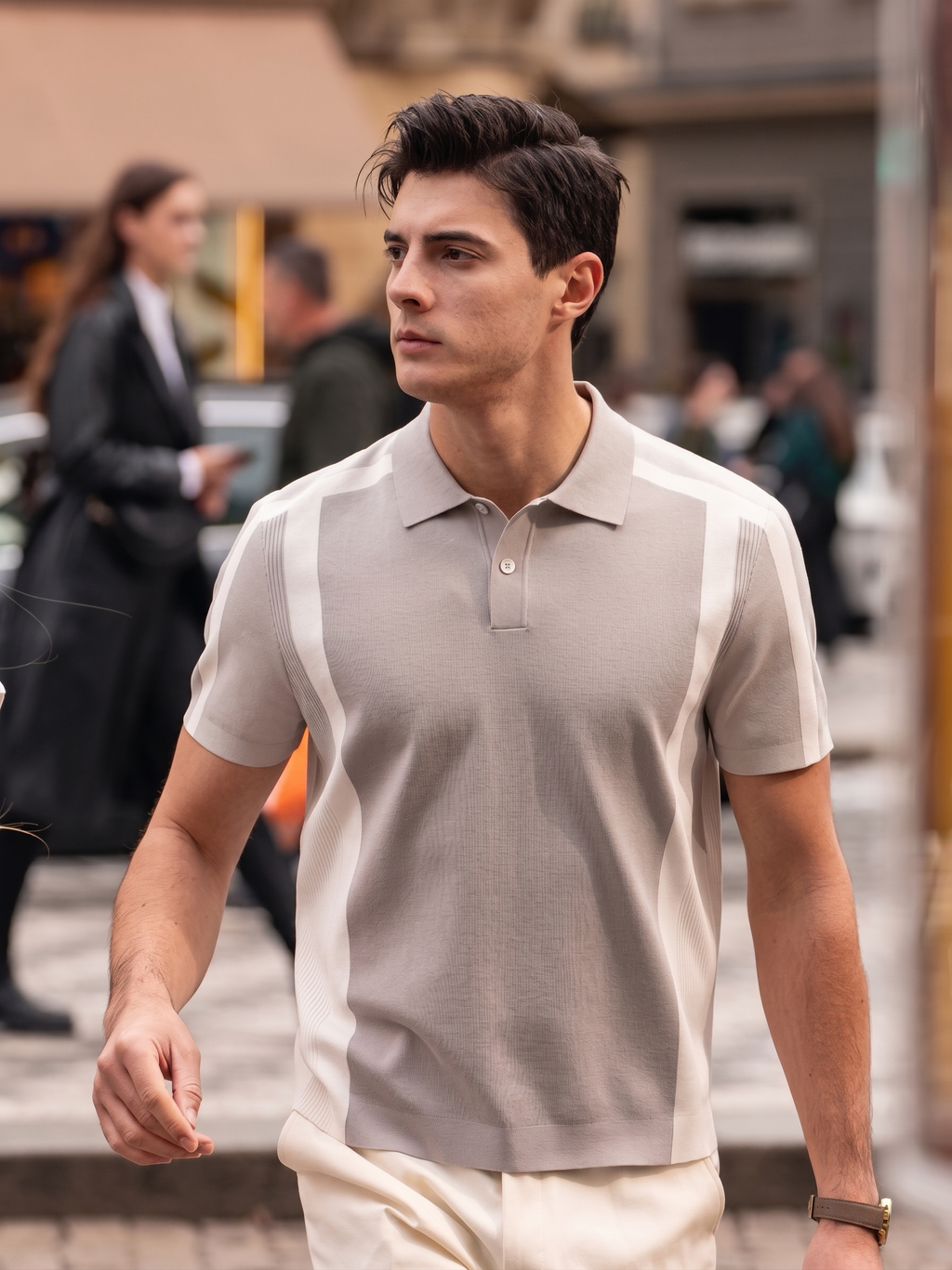 Italian Slim Fit One Button Spliced Short Sleeve Polo