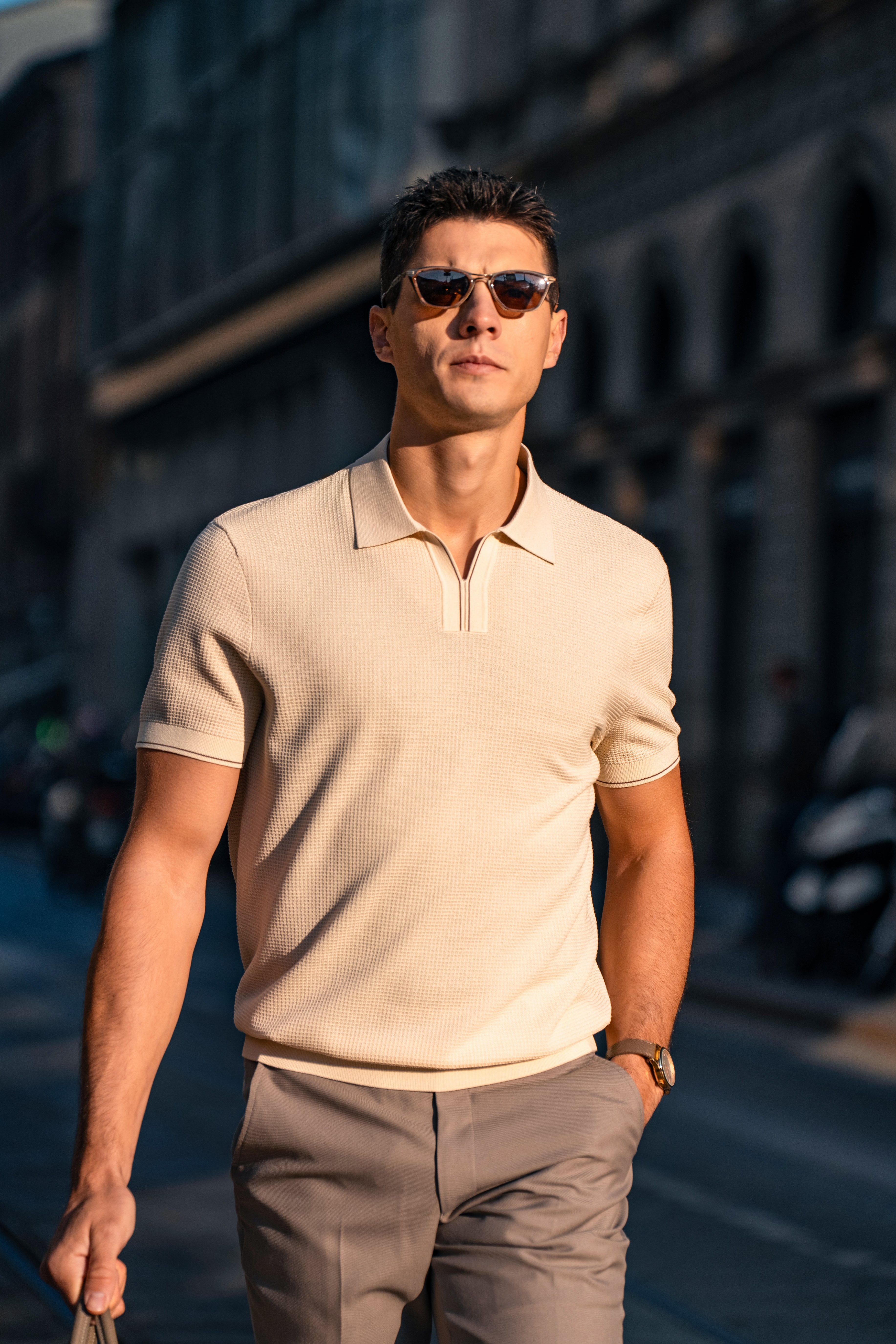 Textured Open-Collar Knit Polo