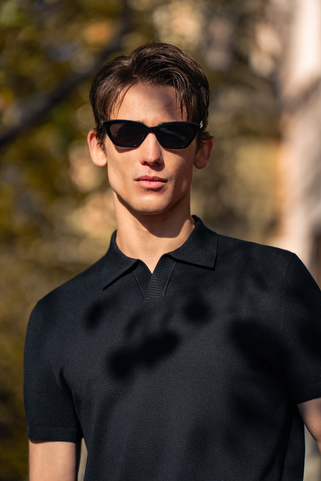 Waffle Texture Open Collar Knit Polo