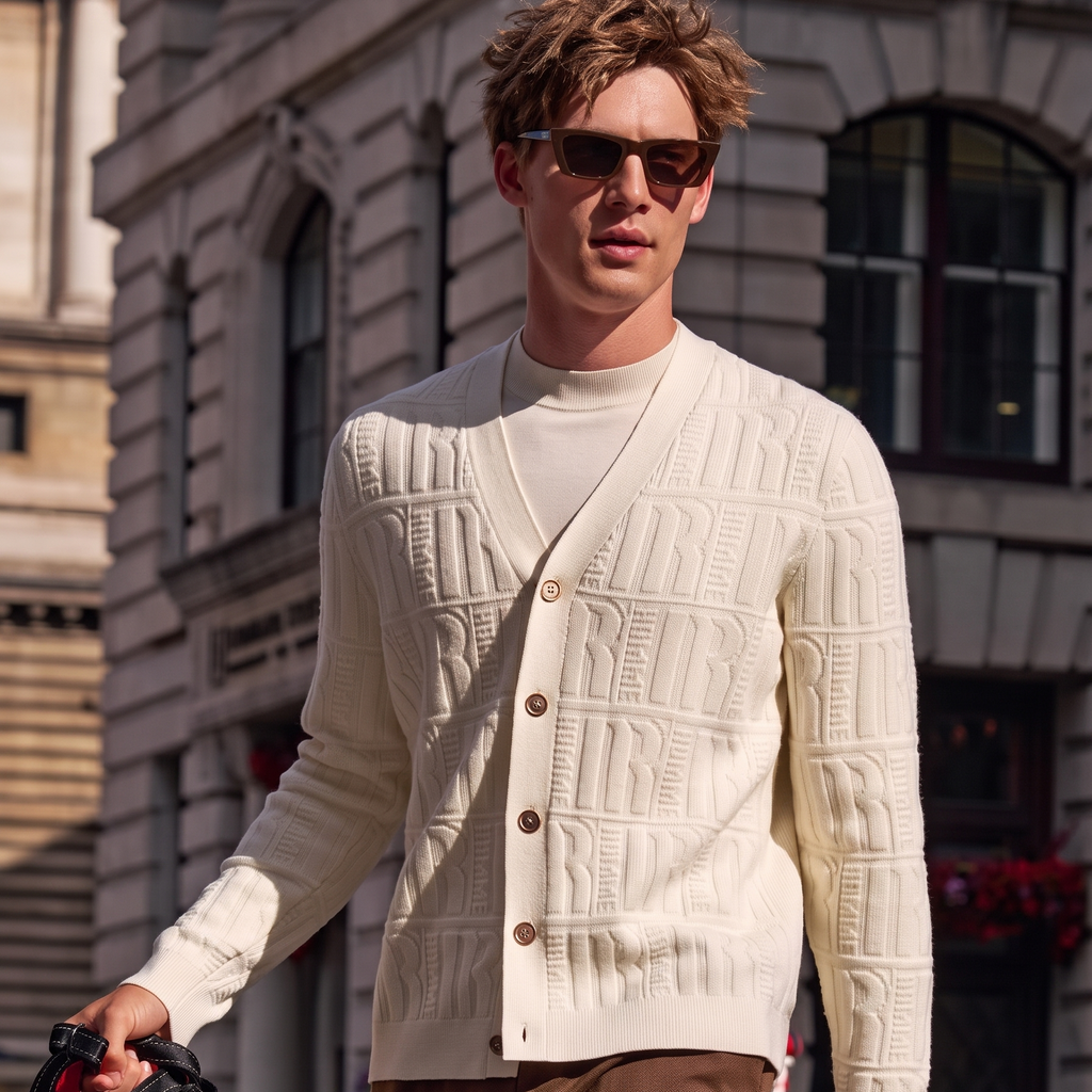 Embossed Letter Jacquard V-Neck Button Knit Cardigans