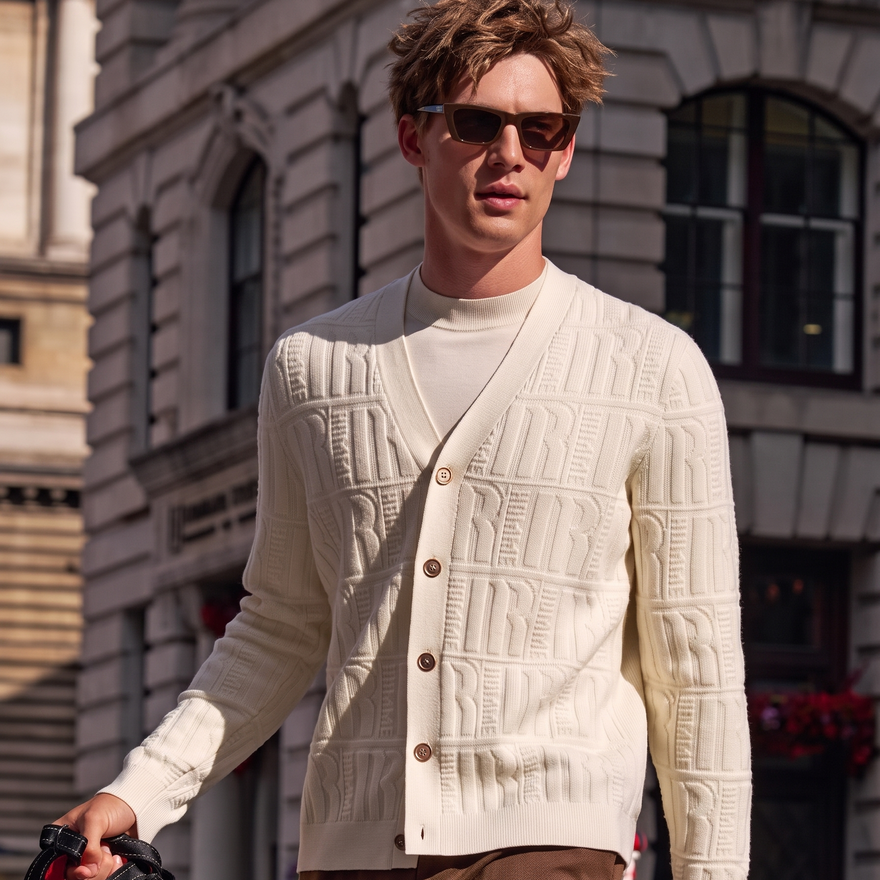 Embossed Letter Jacquard V-Neck Button Knit Cardigans