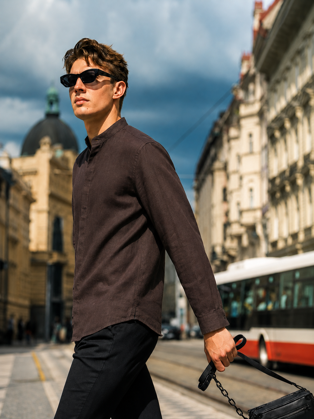 100% Linen Band Collar Shirt