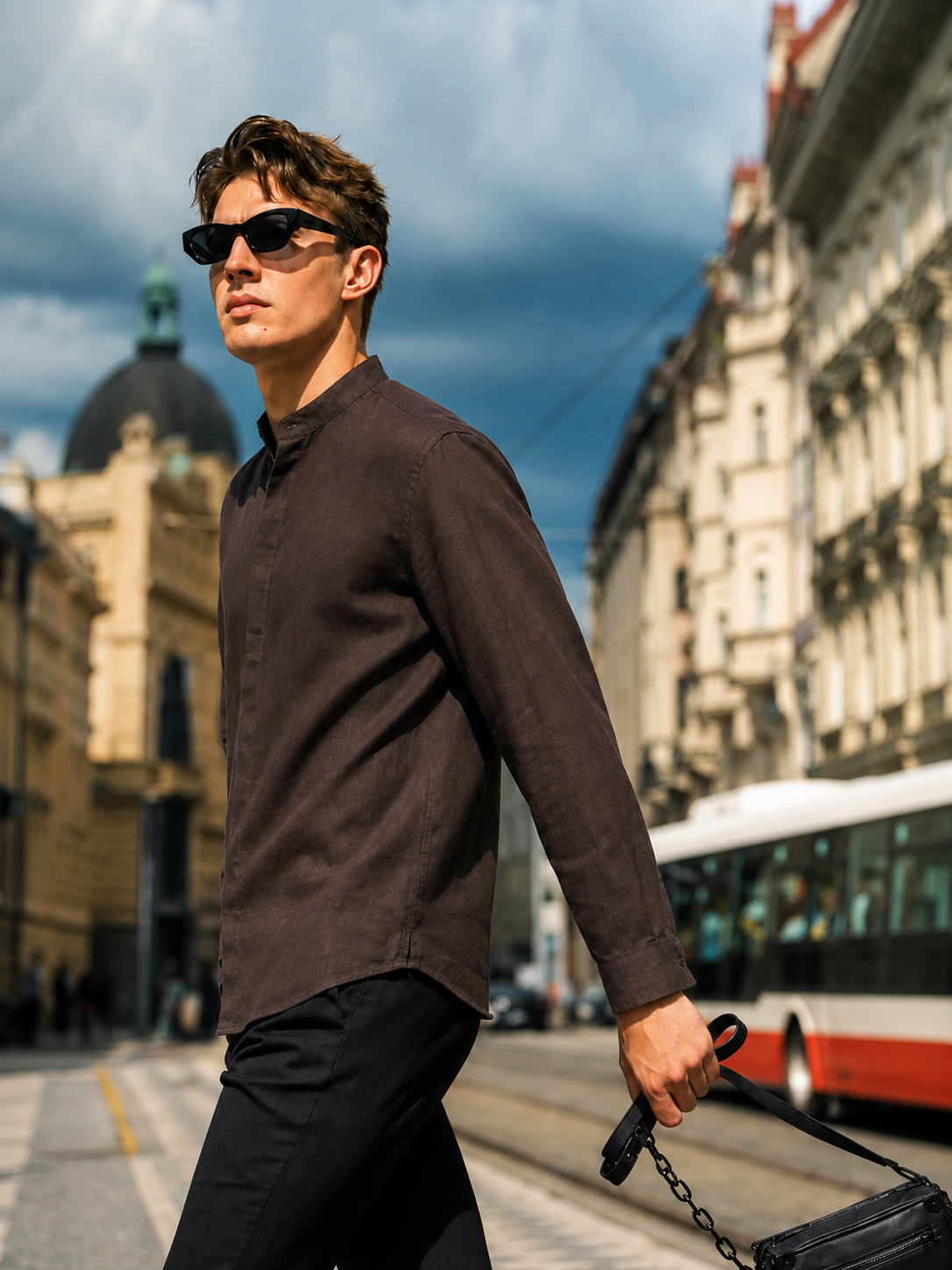 100% Linen Band Collar Shirt