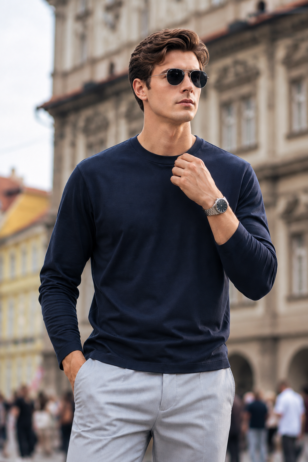 Boveme Premium Cotton Silk Cashmere Blend Men’s Crew Neck Long Sleeve Base Layer, Ultra Soft Breathable Understated Quiet Luxury Versatile Layering Top