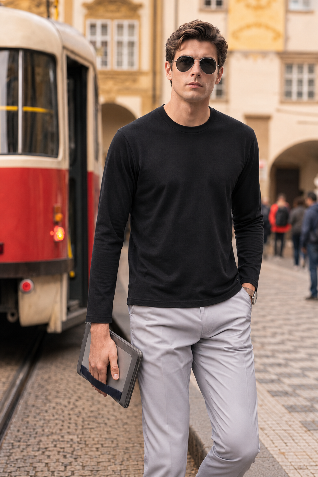 Boveme Premium Cotton Silk Cashmere Blend Men’s Crew Neck Long Sleeve Base Layer, Ultra Soft Breathable Understated Quiet Luxury Versatile Layering Top