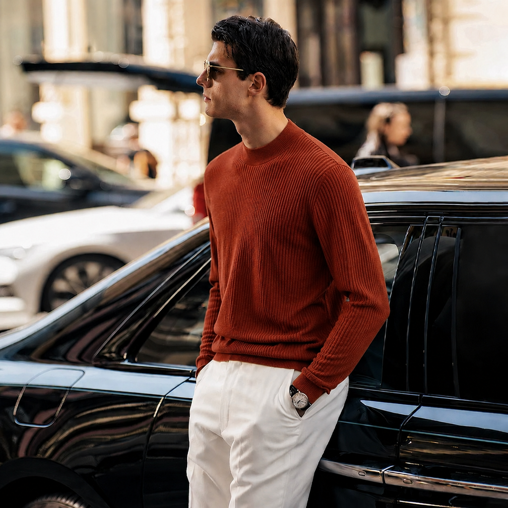 Men’s Premium 100% Wool Ribbed Mock Neck Sweater | Quiet Luxury Old‑Money Pullover