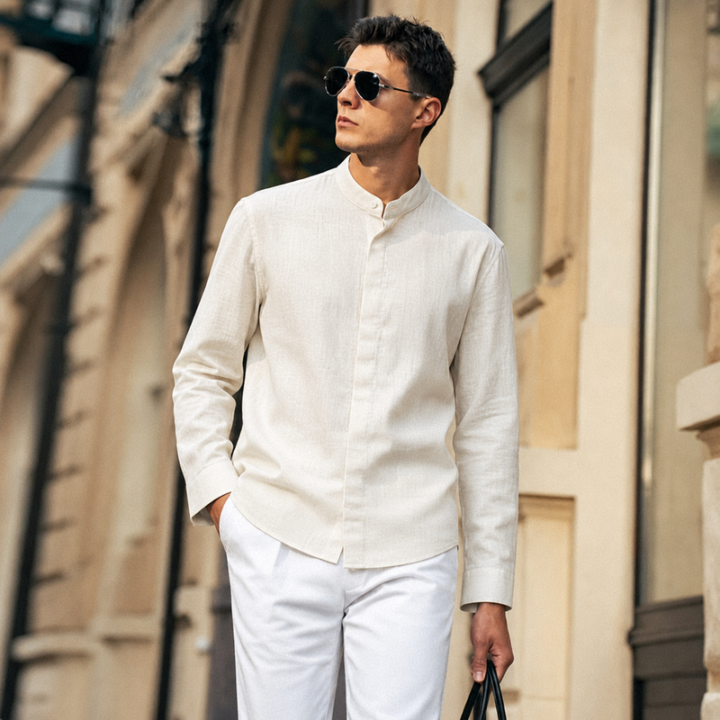 100% Linen Band Collar Shirt