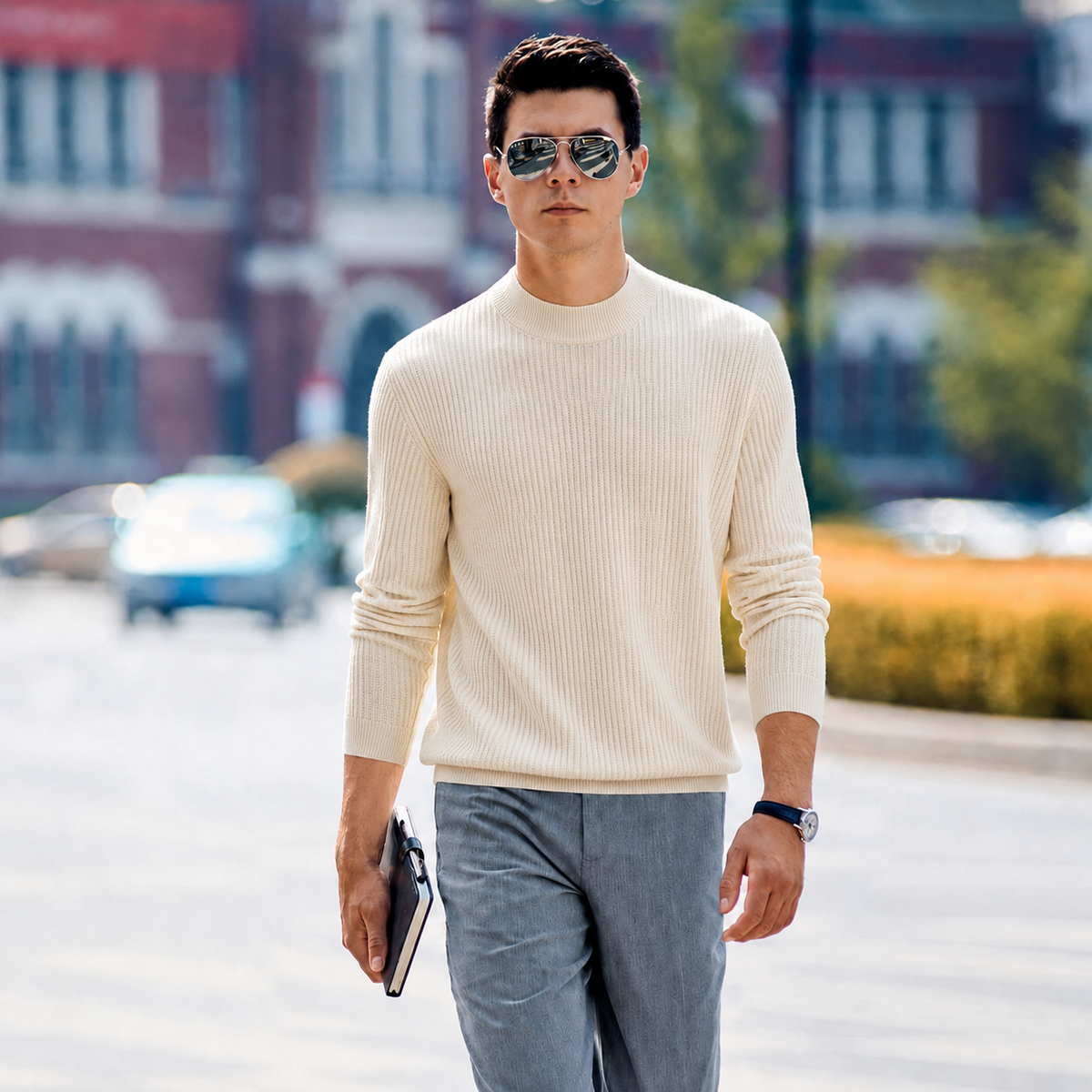 Men’s Premium 100% Wool Ribbed Mock Neck Sweater | Quiet Luxury Old‑Money Pullover