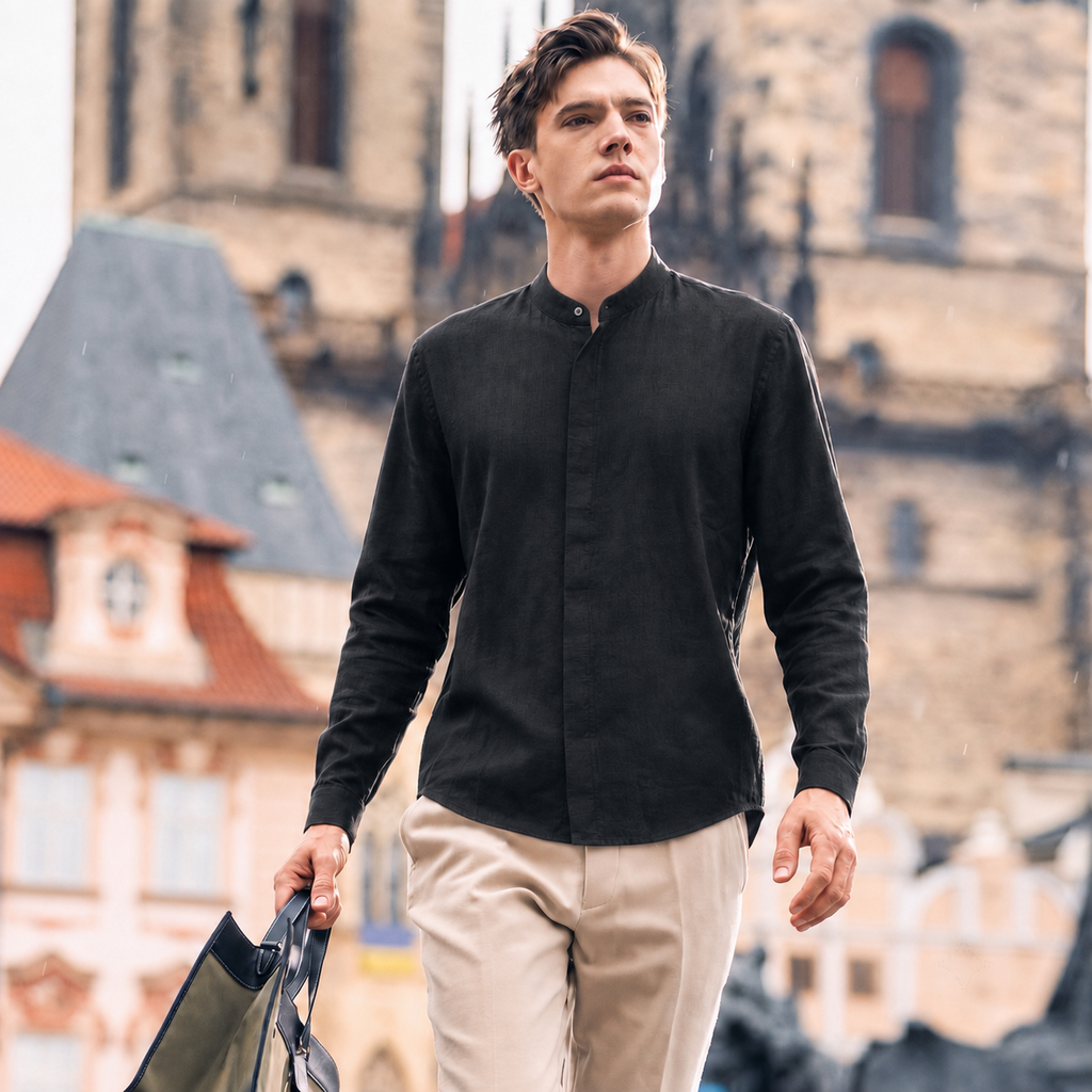100% Linen Band Collar Shirt