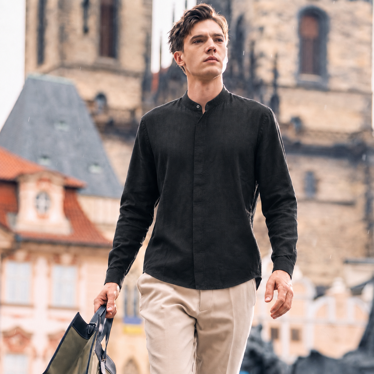 100% Linen Band Collar Shirt