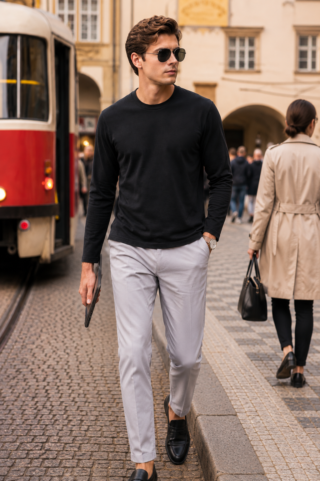 Boveme Premium Cotton Silk Cashmere Blend Men’s Crew Neck Long Sleeve Base Layer, Ultra Soft Breathable Understated Quiet Luxury Versatile Layering Top