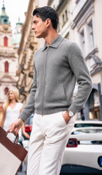 Herren Cardigan mit Reißverschluss und Polokragen aus Wolle | Premium Strickjacke im Quiet Luxury Stil