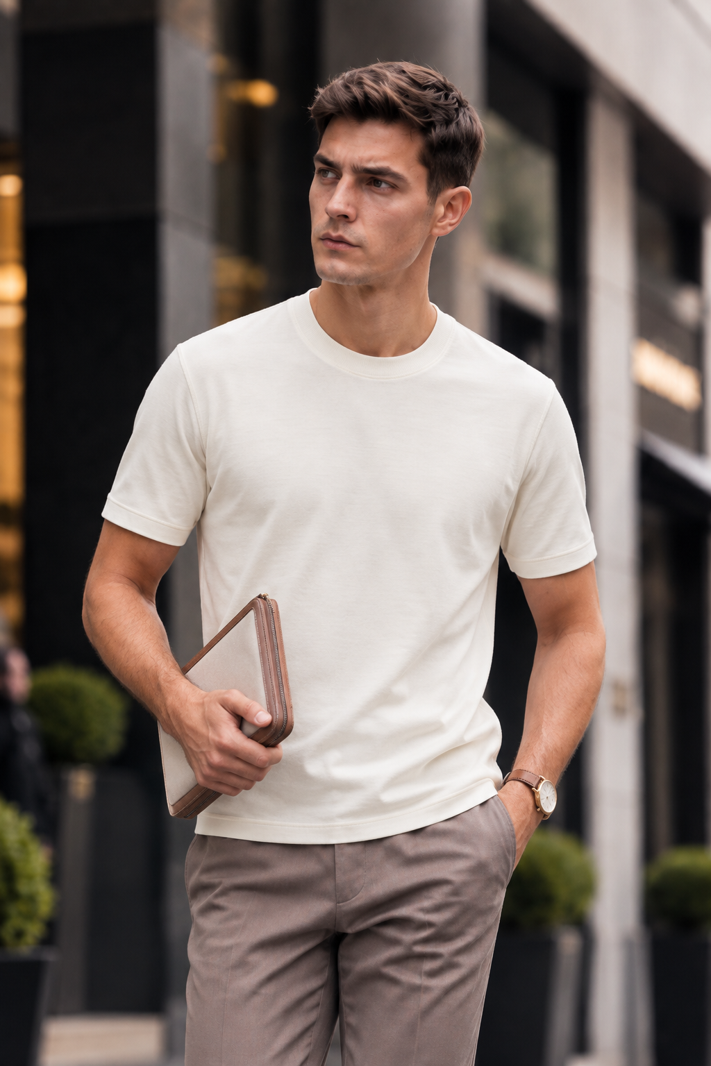 Boveme Men's Crew Neck Short Sleeve T-Shirt, Premium Cotton Modal and Spandex Blend, Soft Stretch Understated Quiet Luxury Everyday Basic Top