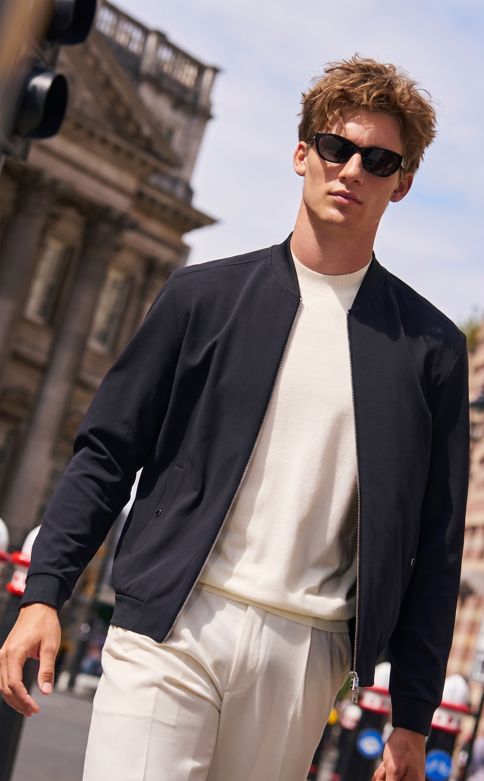 Fine Textured Ribbed Collar Bomber Jacket