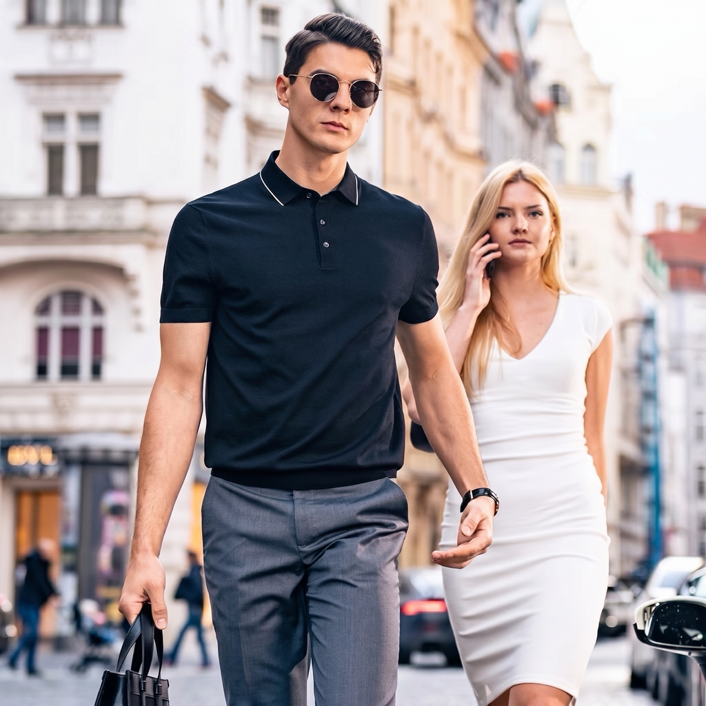 Thin Dark Trim Collar Three Button Luxury Polo