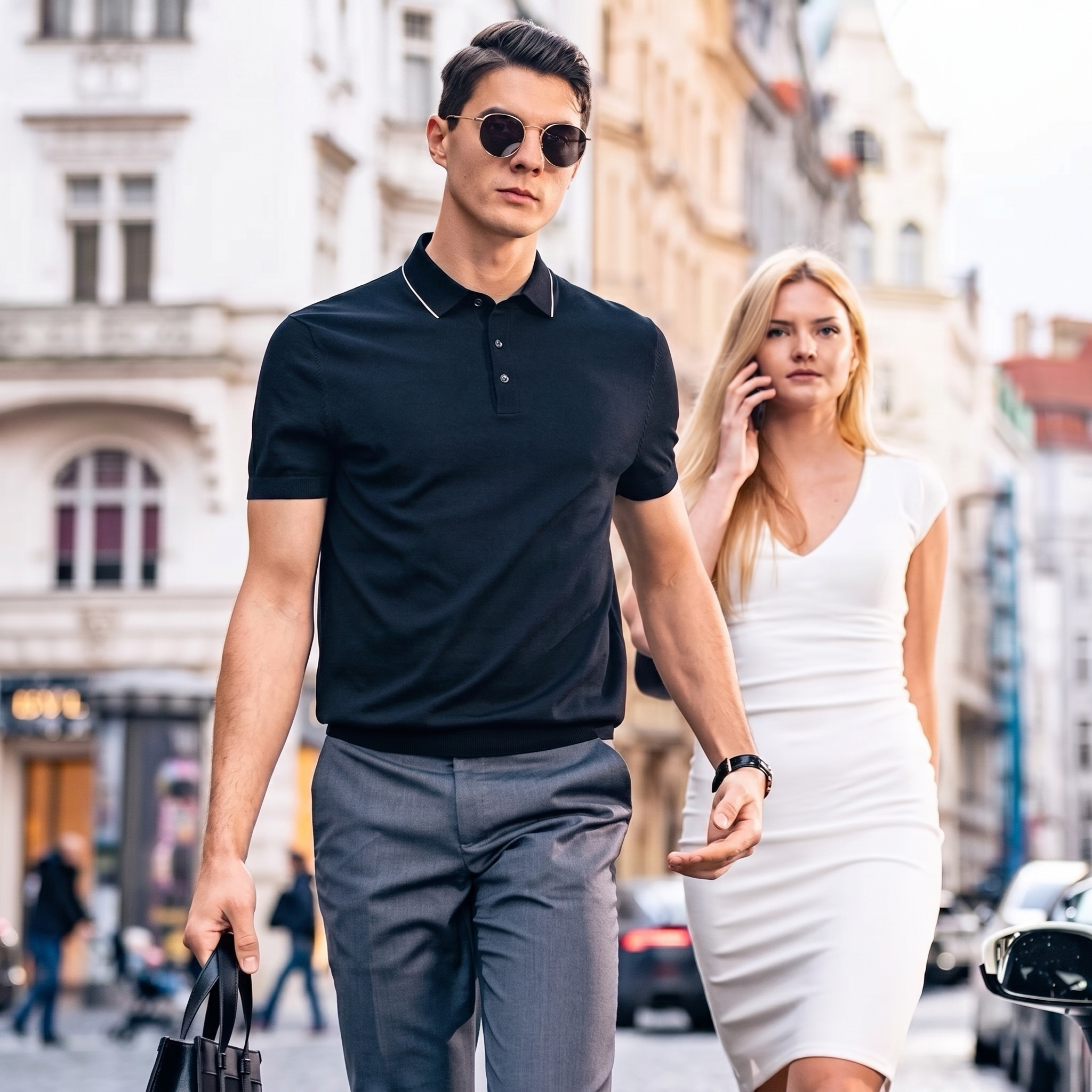 Thin Dark Trim Collar Three Button Luxury Polo
