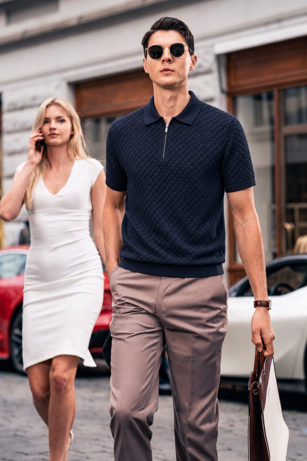 Textured Wool-Blend Zip Polo