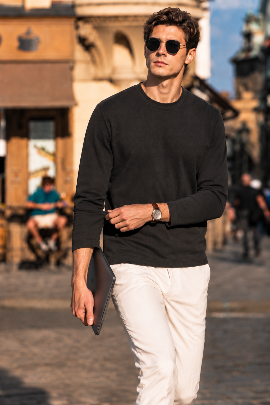 Boveme Premium Cotton Silk Cashmere Blend Men’s Crew Neck Long Sleeve Base Layer, Ultra Soft Breathable Understated Quiet Luxury Versatile Layering Top