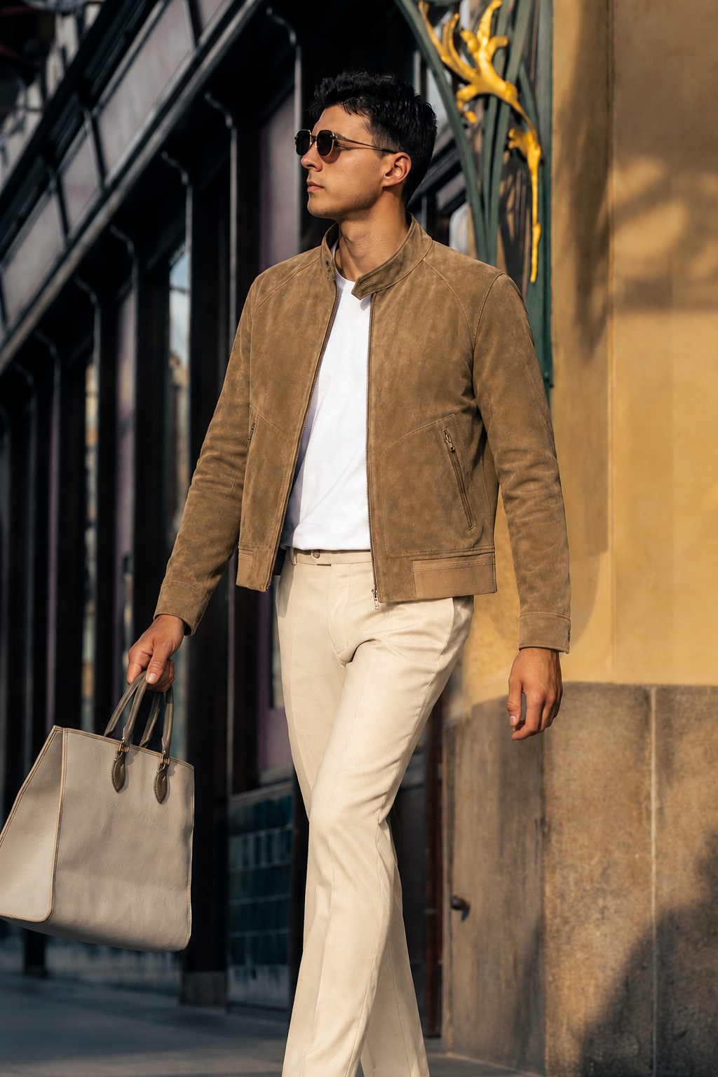 Suede Stand-Collar Leather Jacket