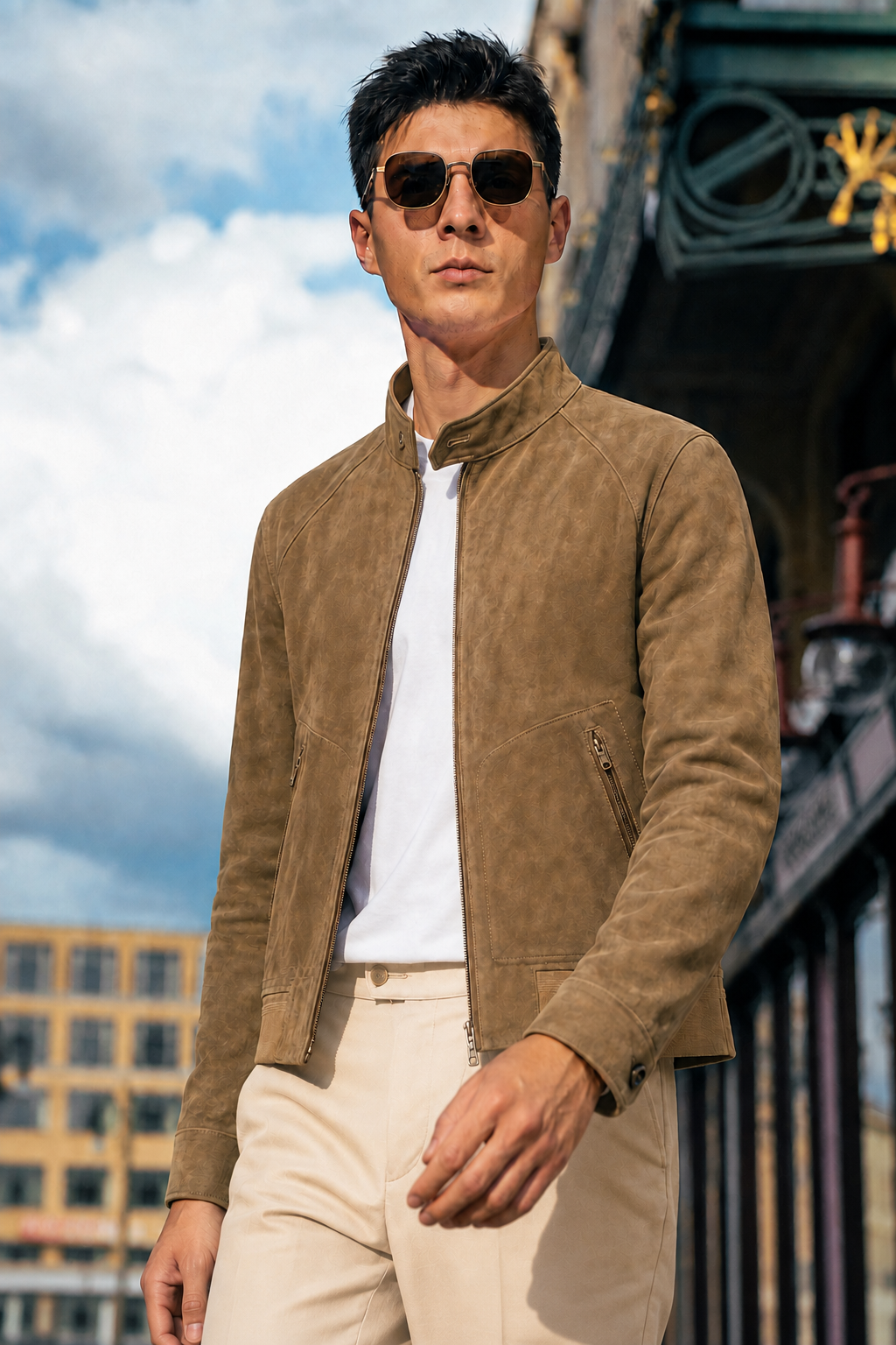 Suede Stand-Collar Leather Jacket