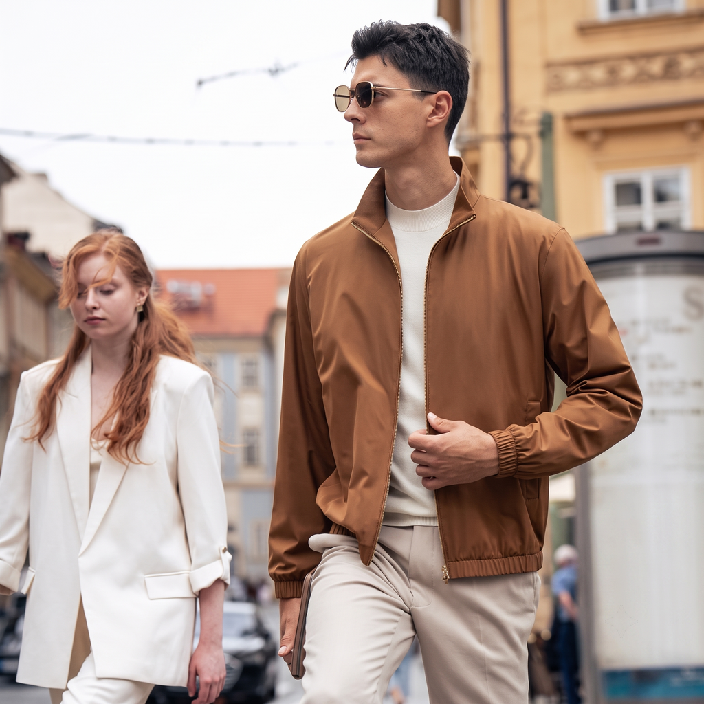 Stand Collar Gold Zip Elastic Hem Business Jacket
