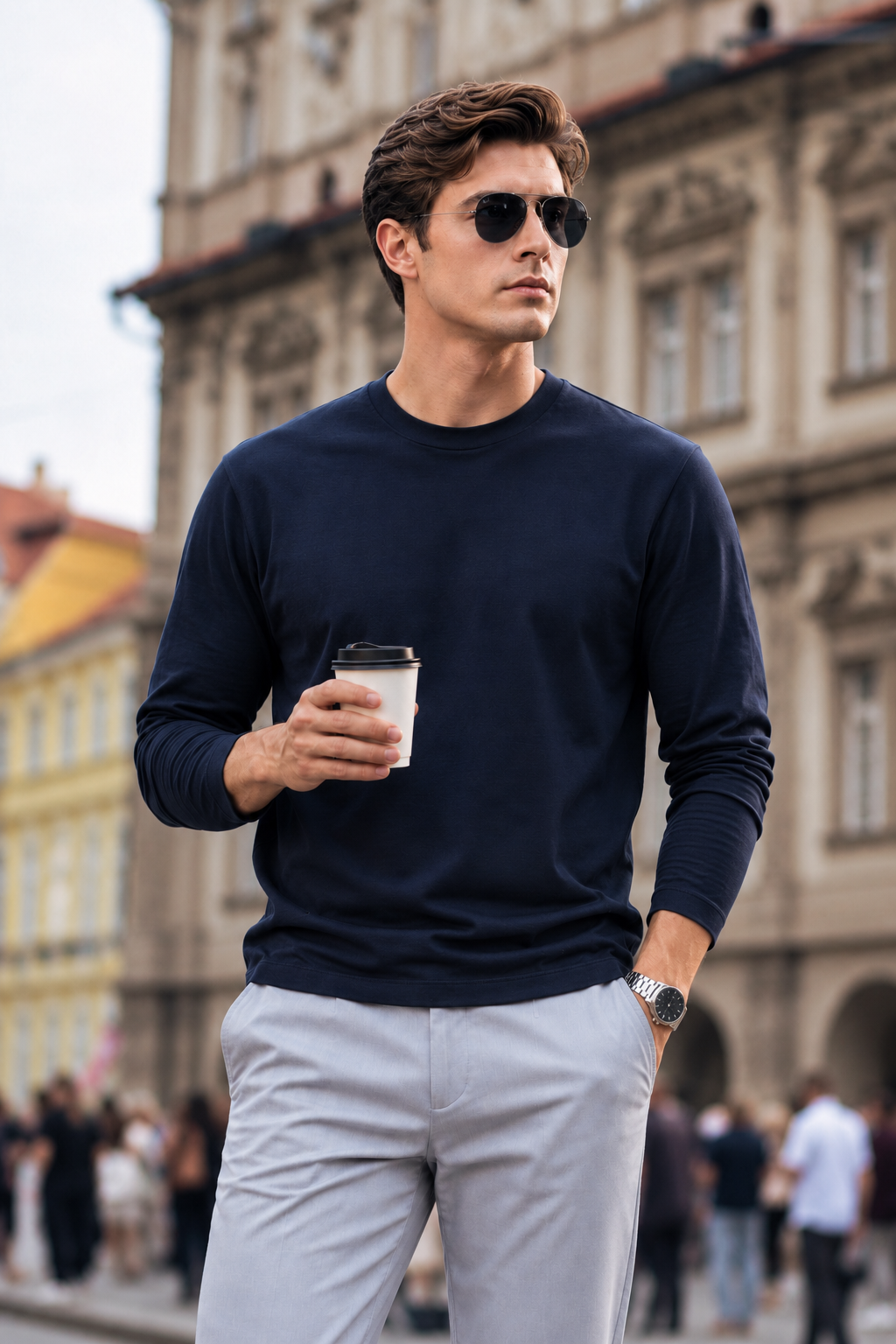 Boveme Premium Cotton Silk Cashmere Blend Men’s Crew Neck Long Sleeve Base Layer, Ultra Soft Breathable Understated Quiet Luxury Versatile Layering Top