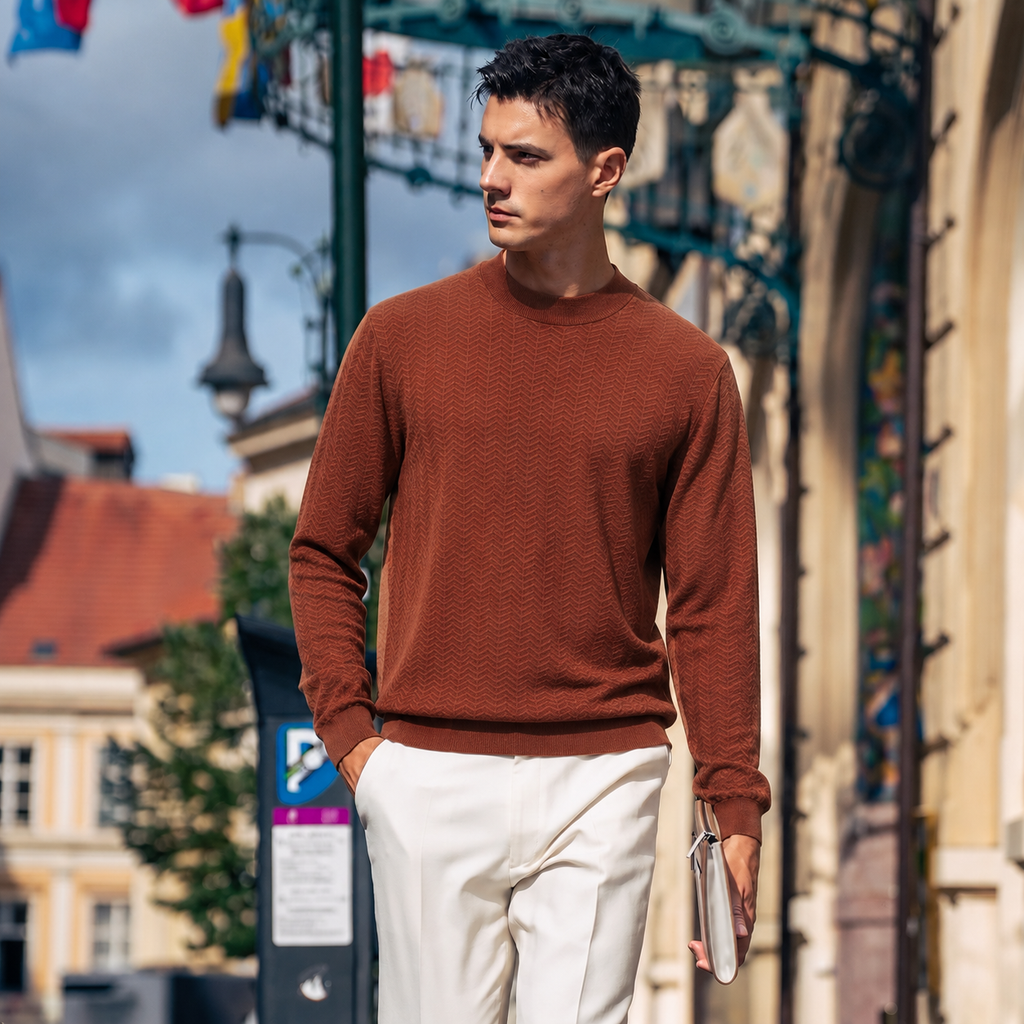 100% Merino Wool Textured Crewneck Sweater