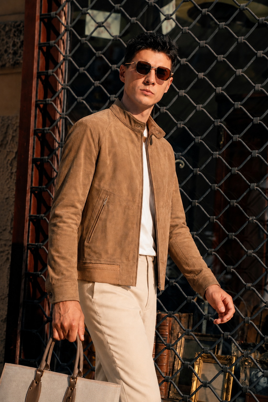 Suede Stand-Collar Leather Jacket