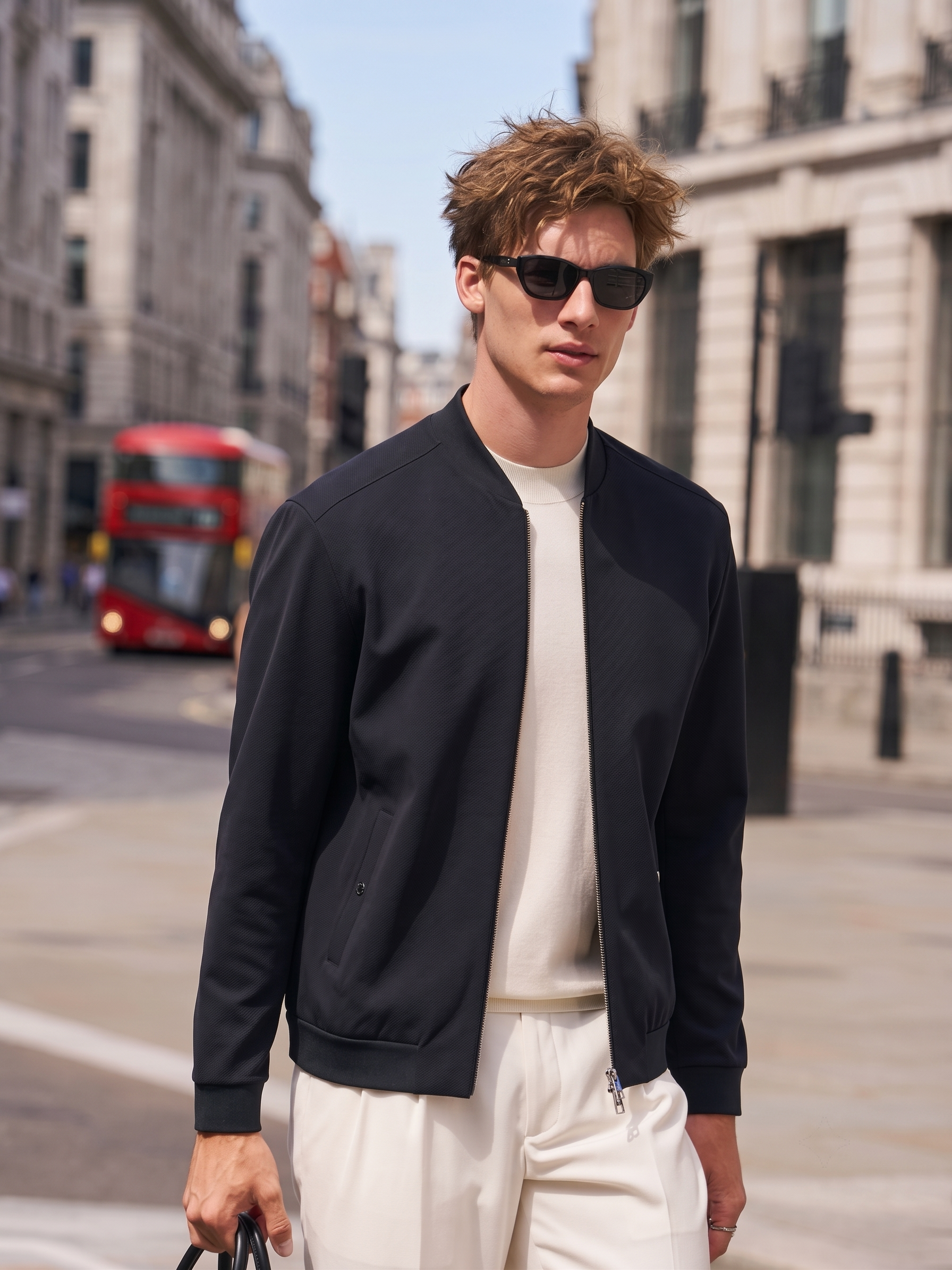 Fine Textured Ribbed Collar Bomber Jacket