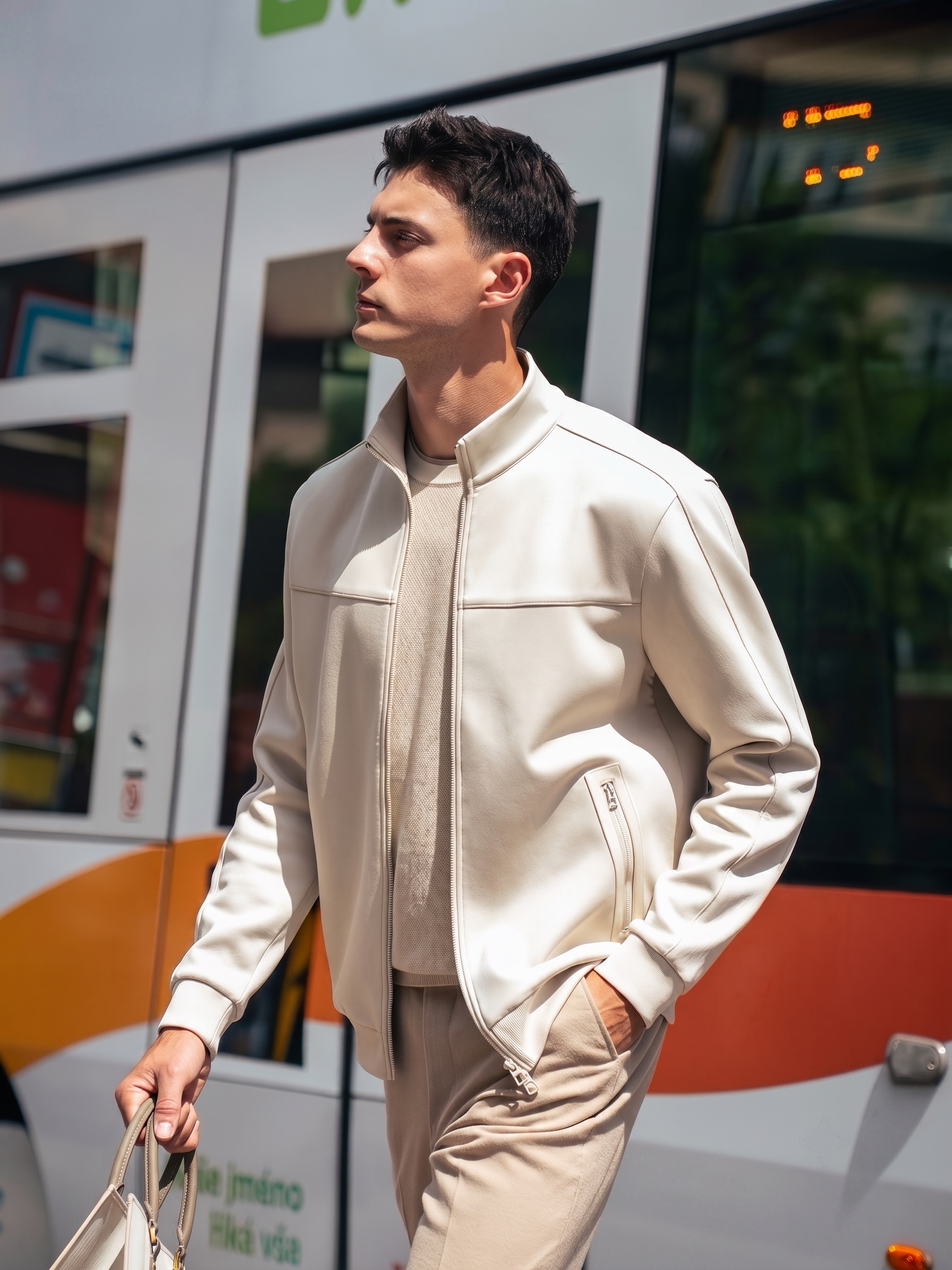 Stand Collar Full Zip Leather Texture Sports Jacket