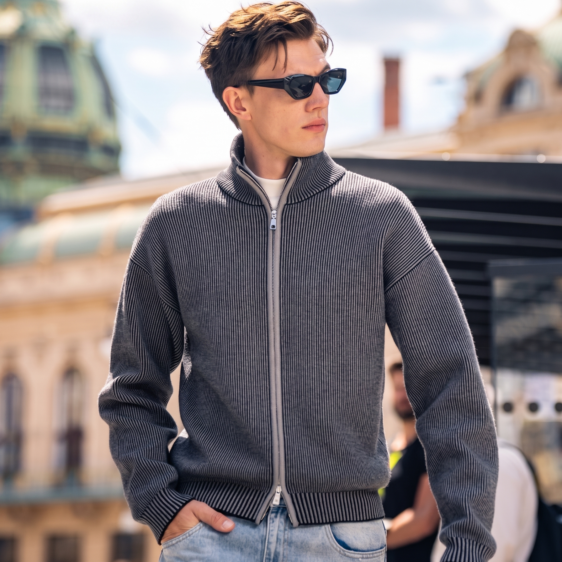 Fine Vertical Rib Stand Collar Zip Knit Jackets