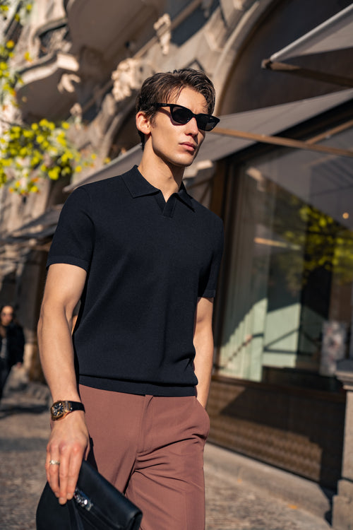 Waffle Texture Open Collar Knit Polo