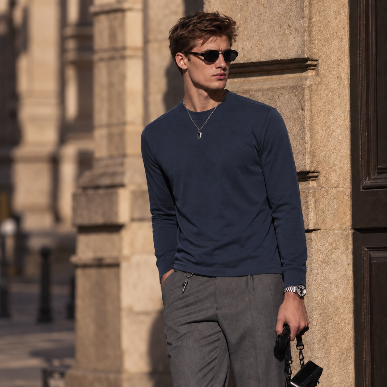 Luxe Cotton Modal Spandex Blend Men’s Long Sleeve Crew Neck Top, Silky Smooth Stretch Breathable Everyday Layering Essential