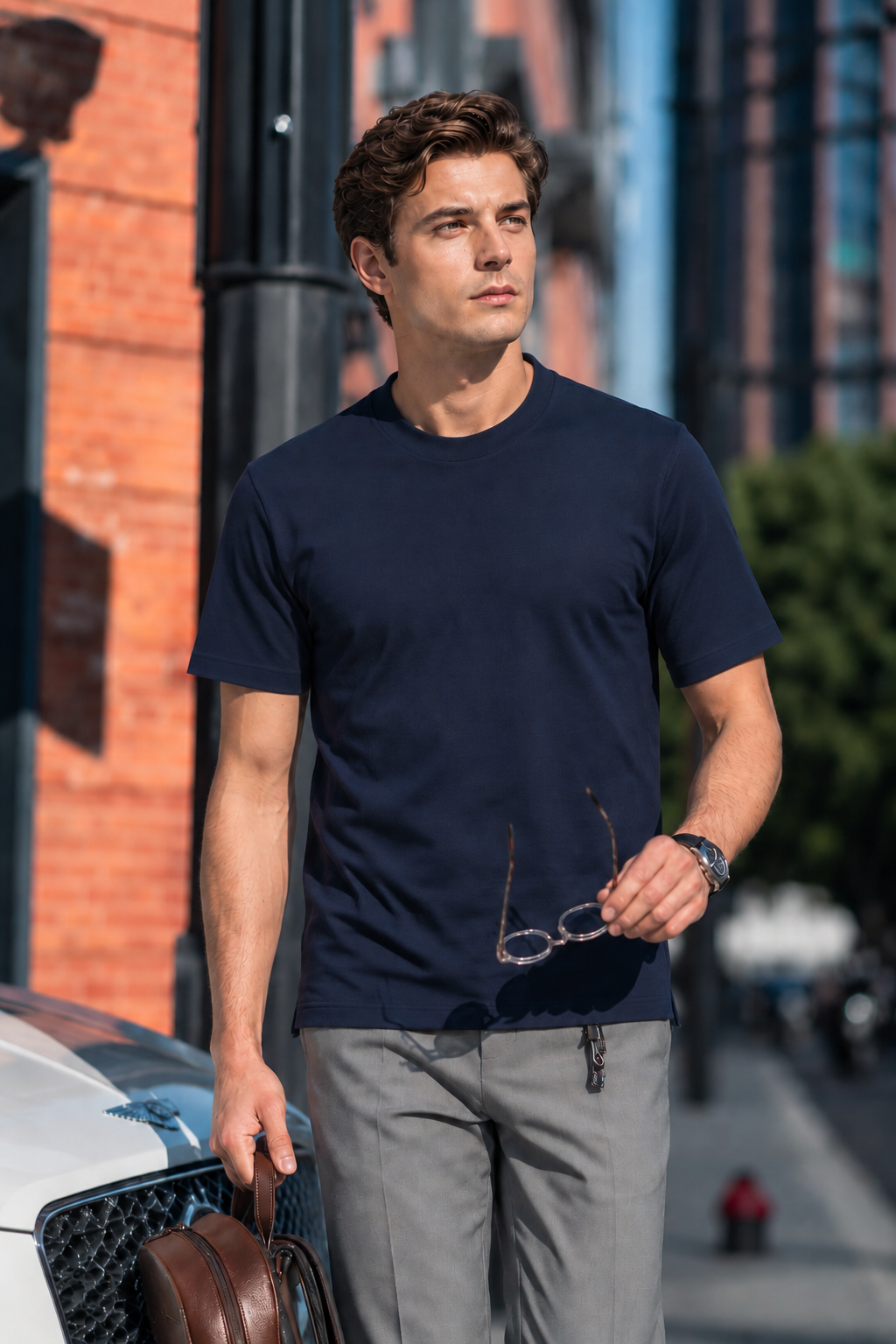 Boveme Men's Crew Neck Short Sleeve T-Shirt, Premium Cotton Modal and Spandex Blend, Soft Stretch Understated Quiet Luxury Everyday Basic Top