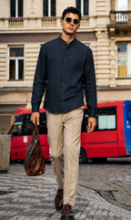 100% Linen Band Collar Shirt