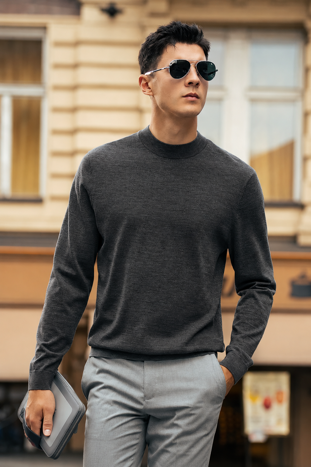 100% Merino Wool Mock Neck Sweater for Men | Soft Premium Knit Pullover