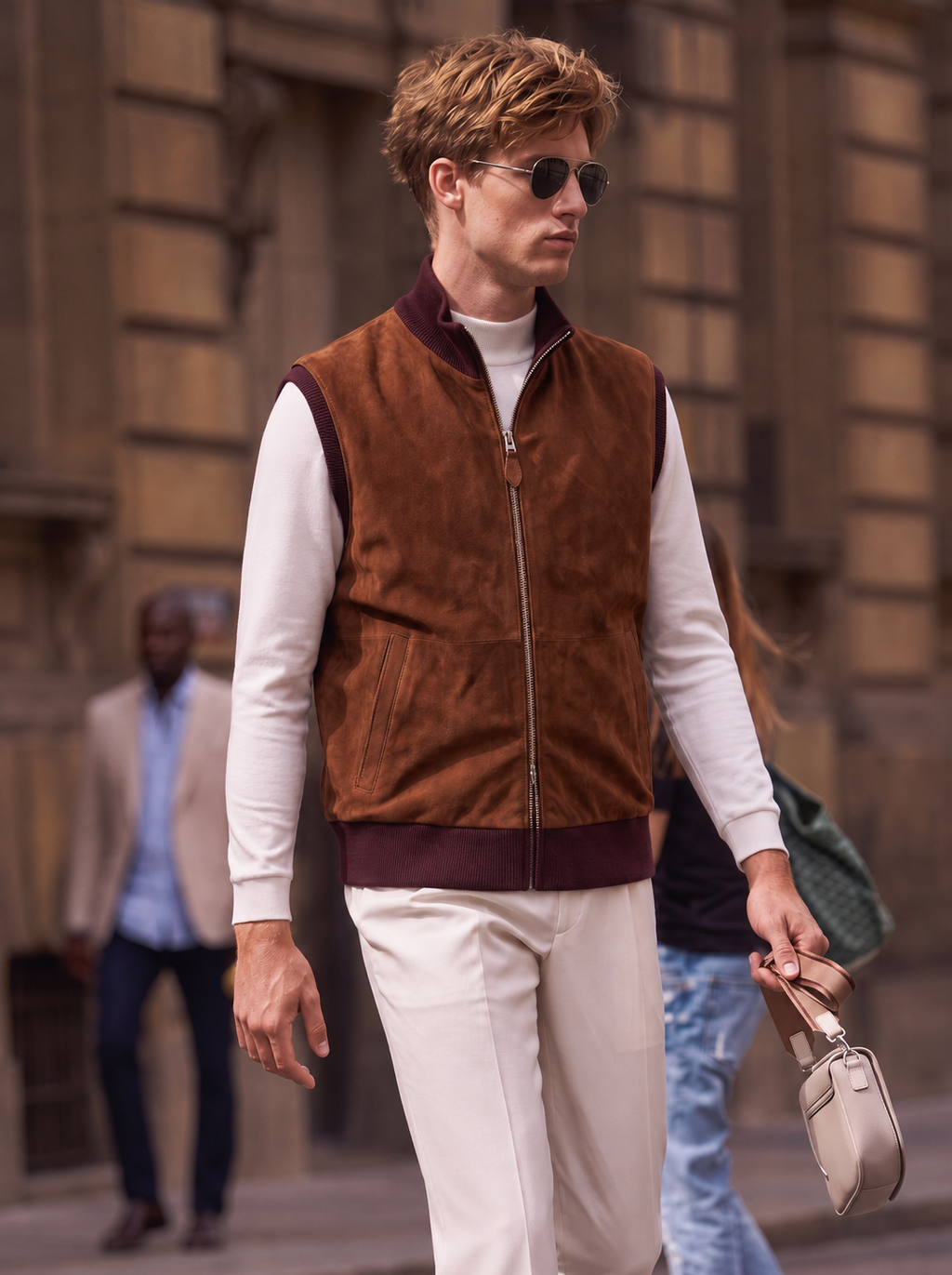 Suede & Wool-Knit Zip Vest