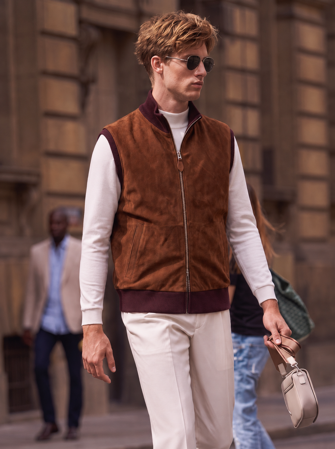 Suede & Wool-Knit Zip Vest