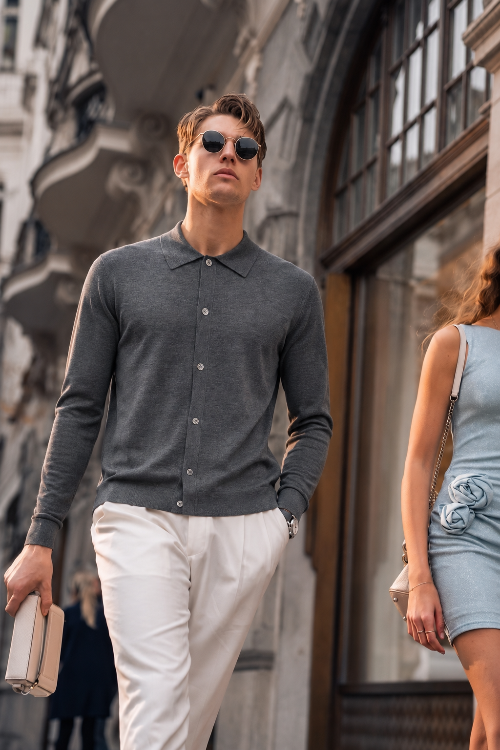 Herren-Cardigan mit Polokragen und Knopfleiste aus 100 % Merinowolle