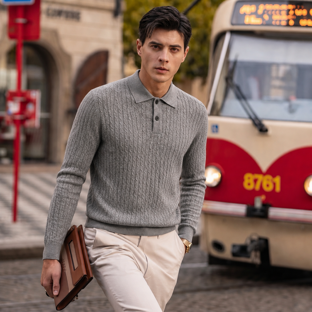 100% Merino Wool Cable-Knit Polo Sweater