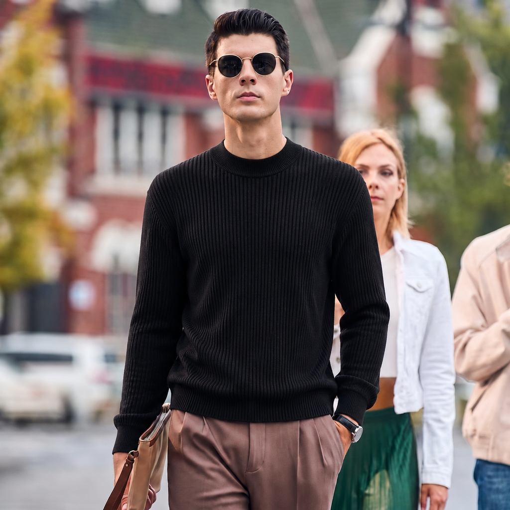 Men’s Premium 100% Wool Ribbed Mock Neck Sweater | Quiet Luxury Old‑Money Pullover