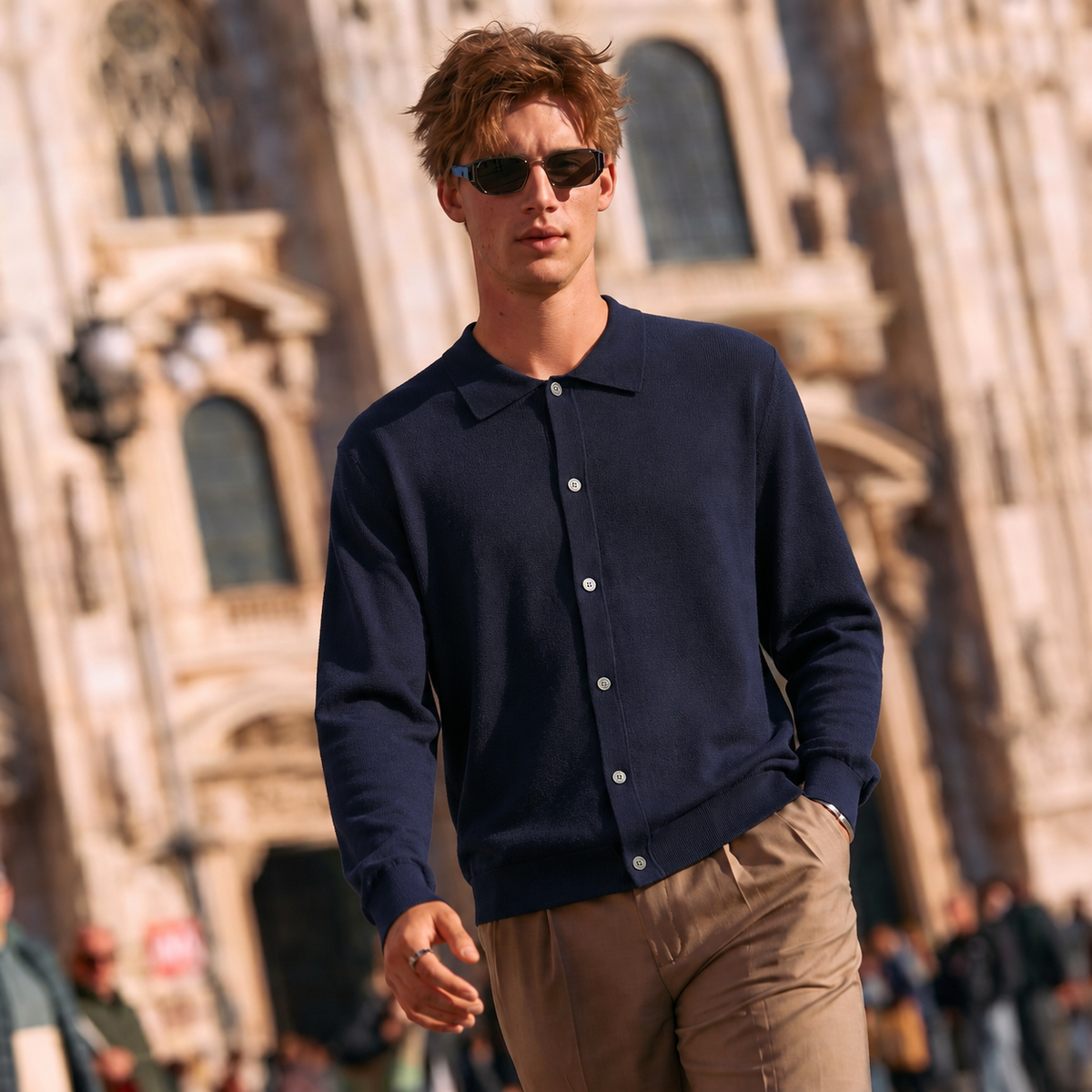 Men’s 100% Merino Wool Polo Collar Button‑Front Cardigan
