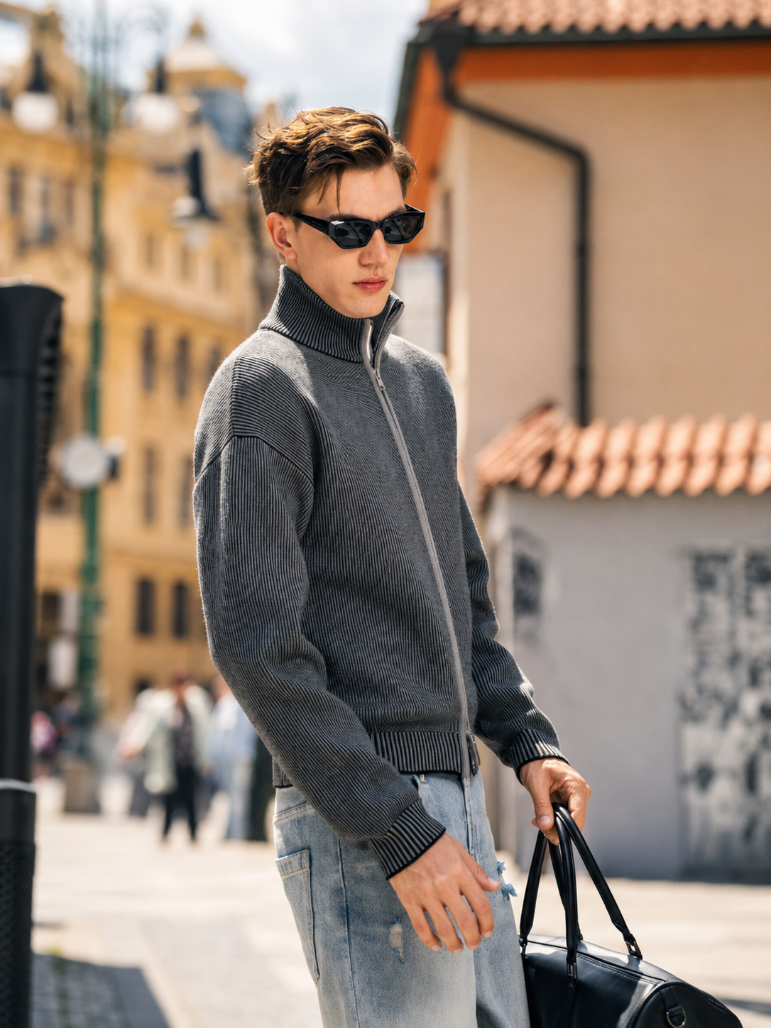 Fine Vertical Rib Stand Collar Zip Knit Jackets