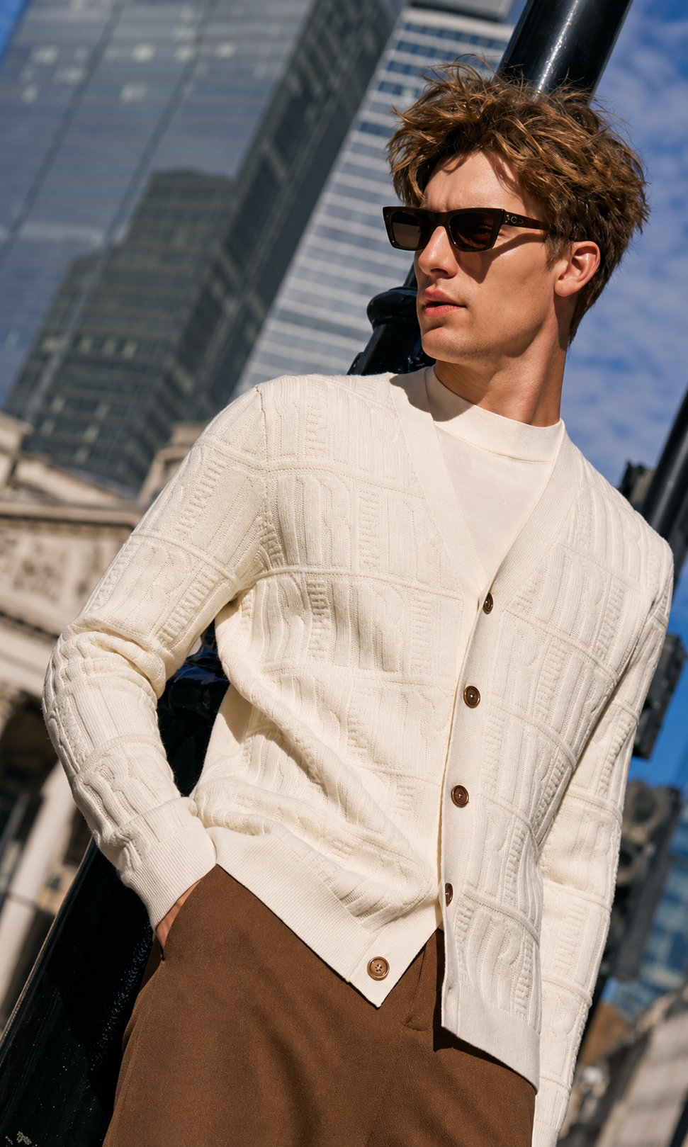 Embossed Letter Jacquard V-Neck Button Knit Cardigans