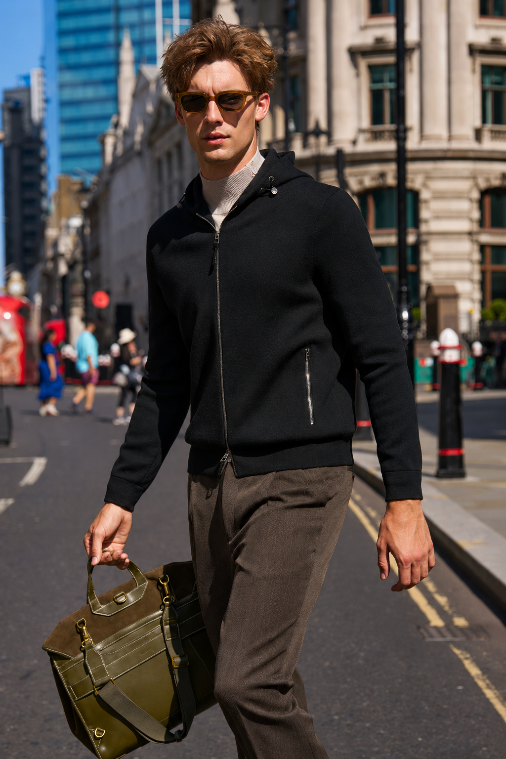 Solid Black Versatile Zip Hood Men Knit Jackets